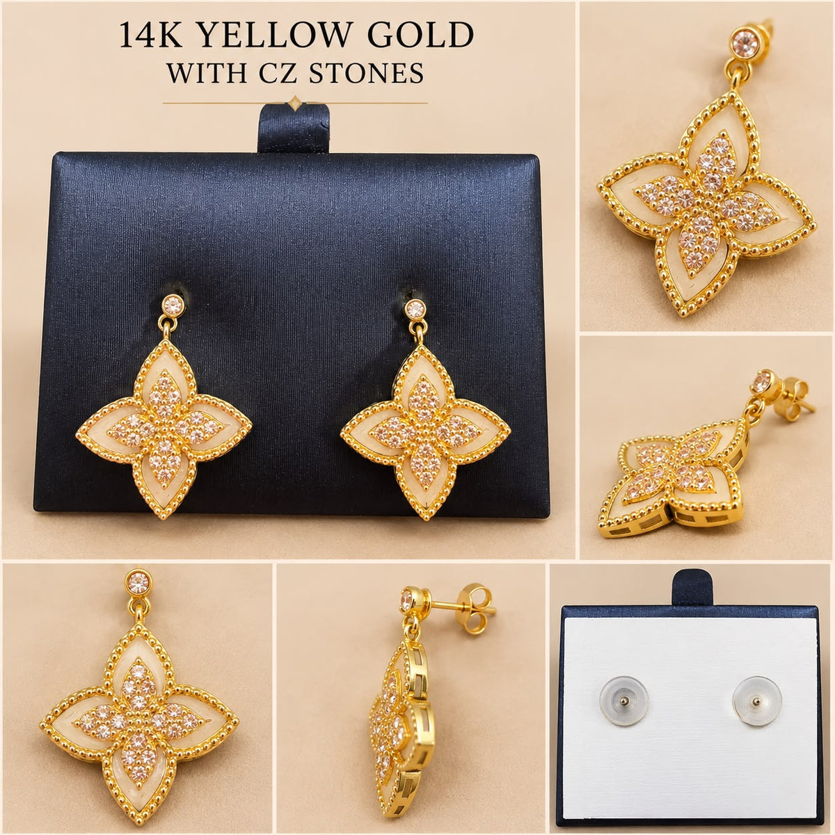 14K Yellow Gold CZ Flower Dangle Earrings – 5 Grams