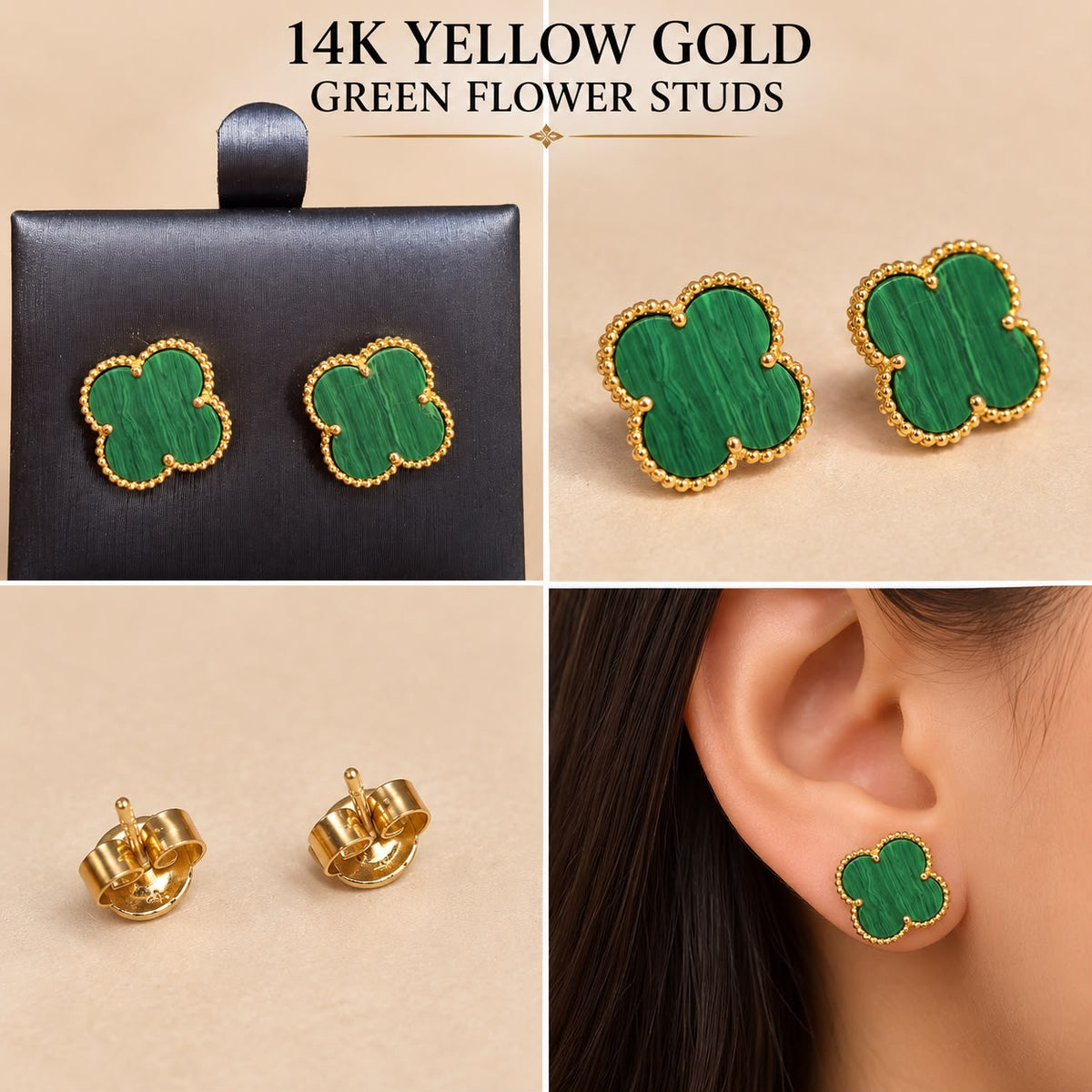 14K Yellow Gold Green Flower Stud Earrings 13.2mm – 2.30 Grams