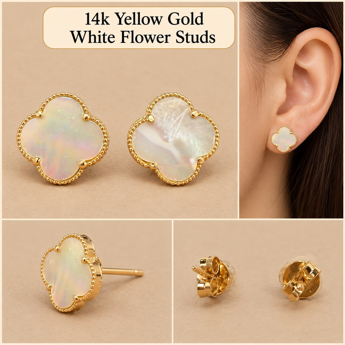 14K Yellow Gold White Flower Stud Earrings 15.3mm – 3.36 Grams