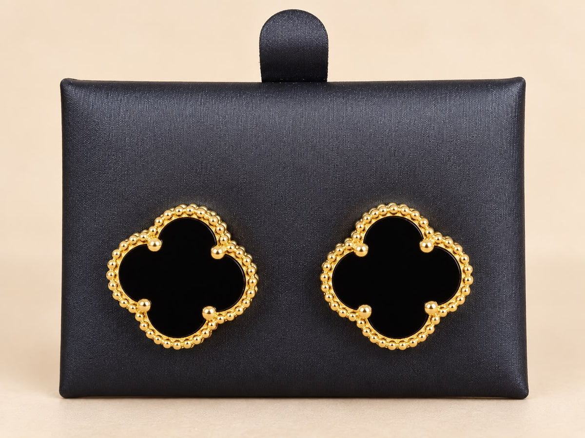 14K Yellow Gold Black Flower Stud Earrings 9.3mm – 2.30 Grams
