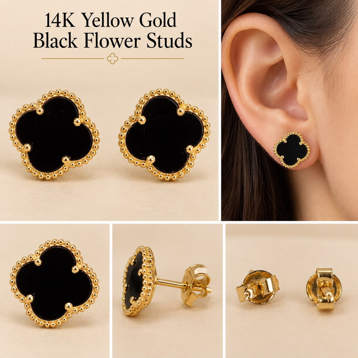 14K Yellow Gold Black Flower Stud Earrings 9.3mm – 2.30 Grams