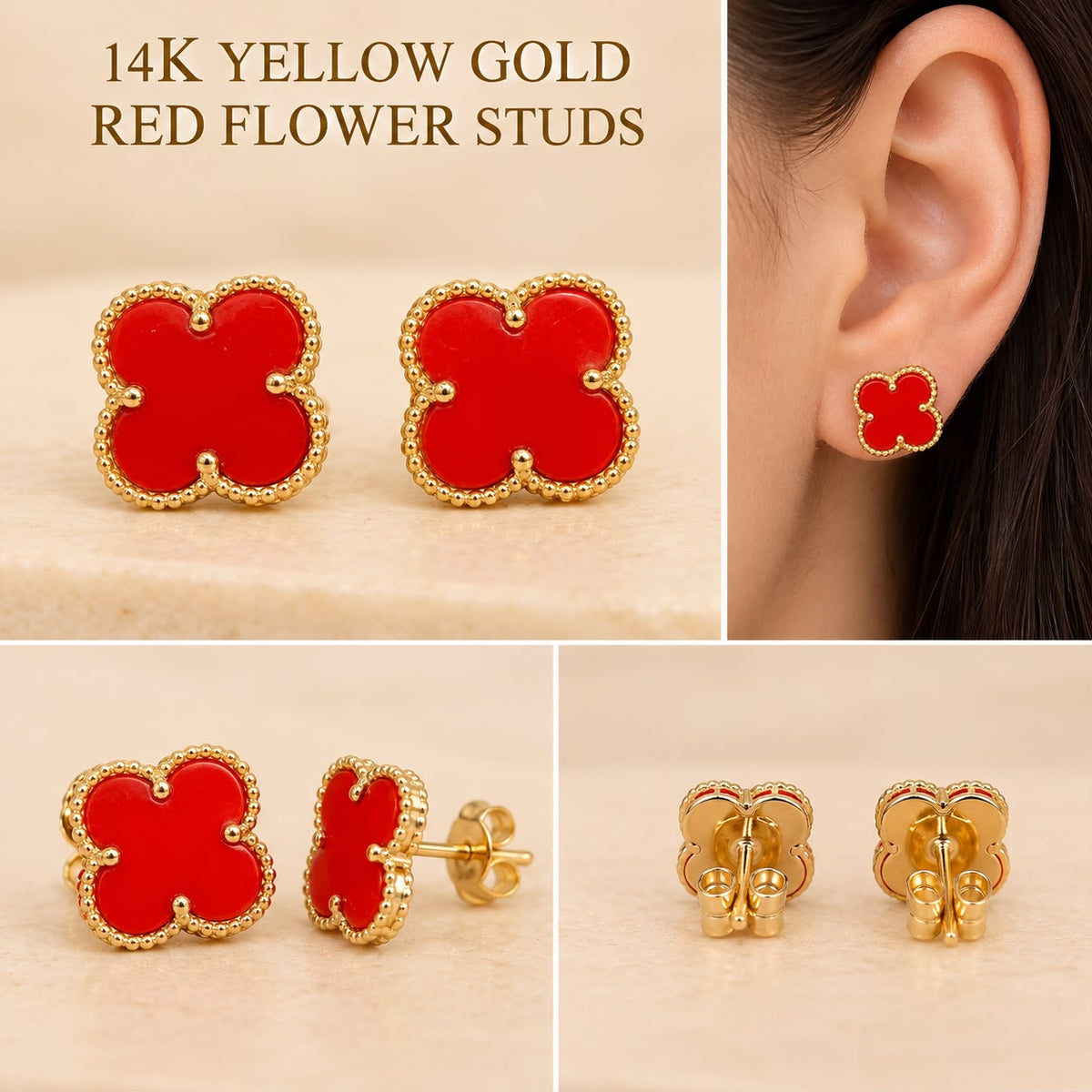 Beautiful 14K yellow gold red flower stud earrings 13.3mm – 2.40 grams