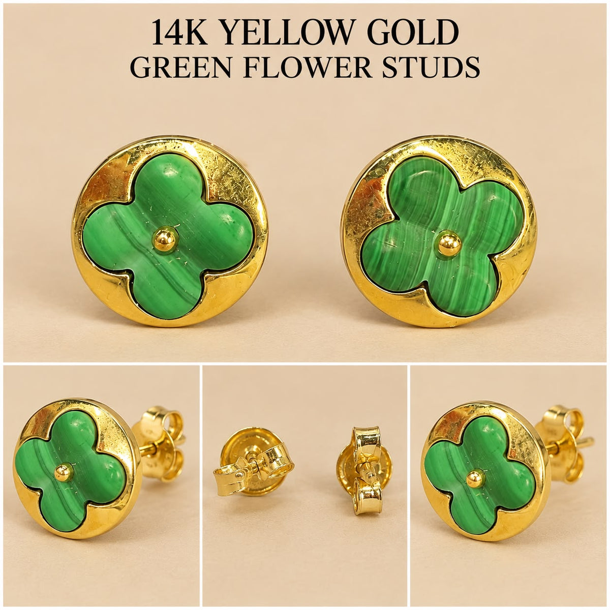 14K Yellow Gold Green Flower Round Stud Earrings 11mm – 2.60 Grams