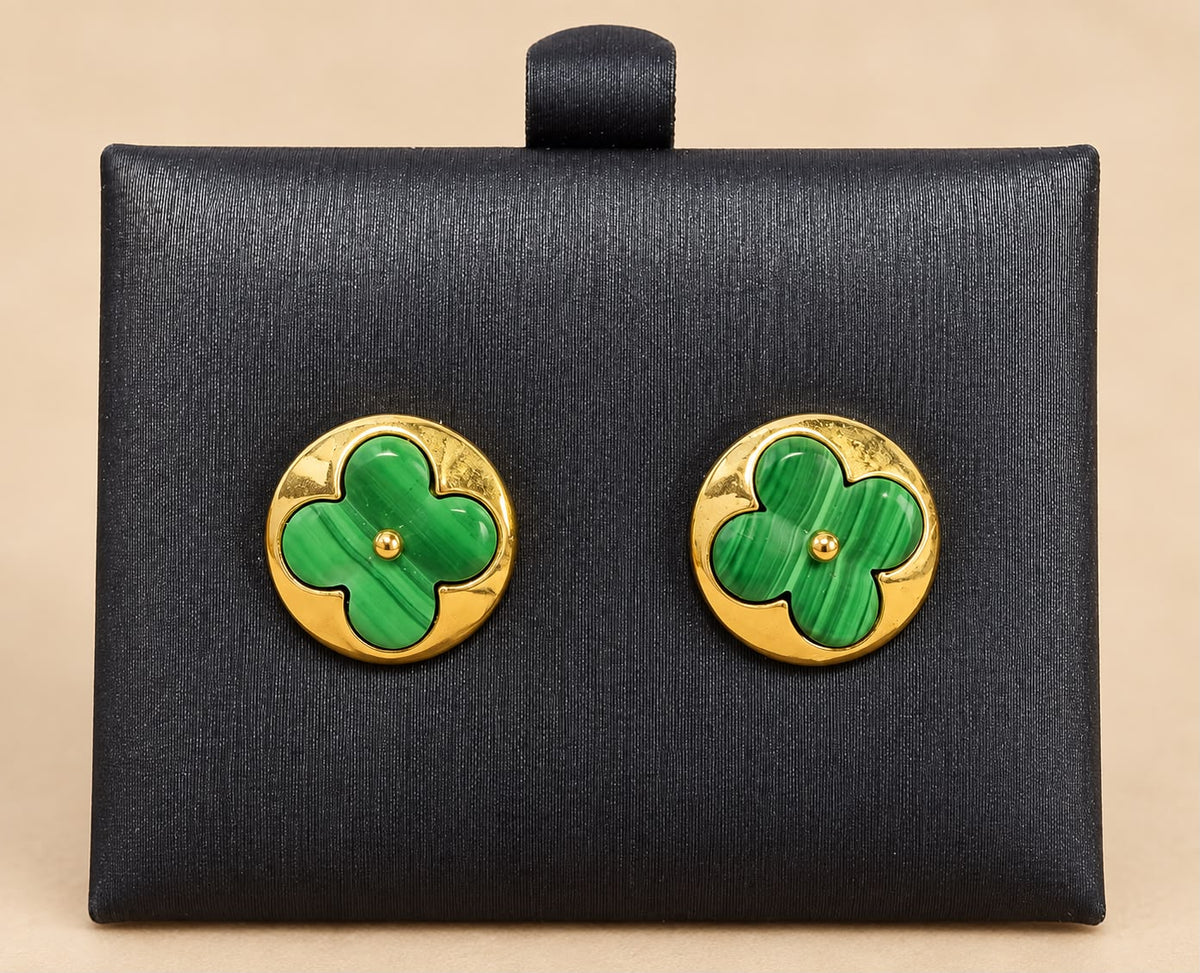 14K Yellow Gold Green Flower Round Stud Earrings 11mm – 2.60 Grams