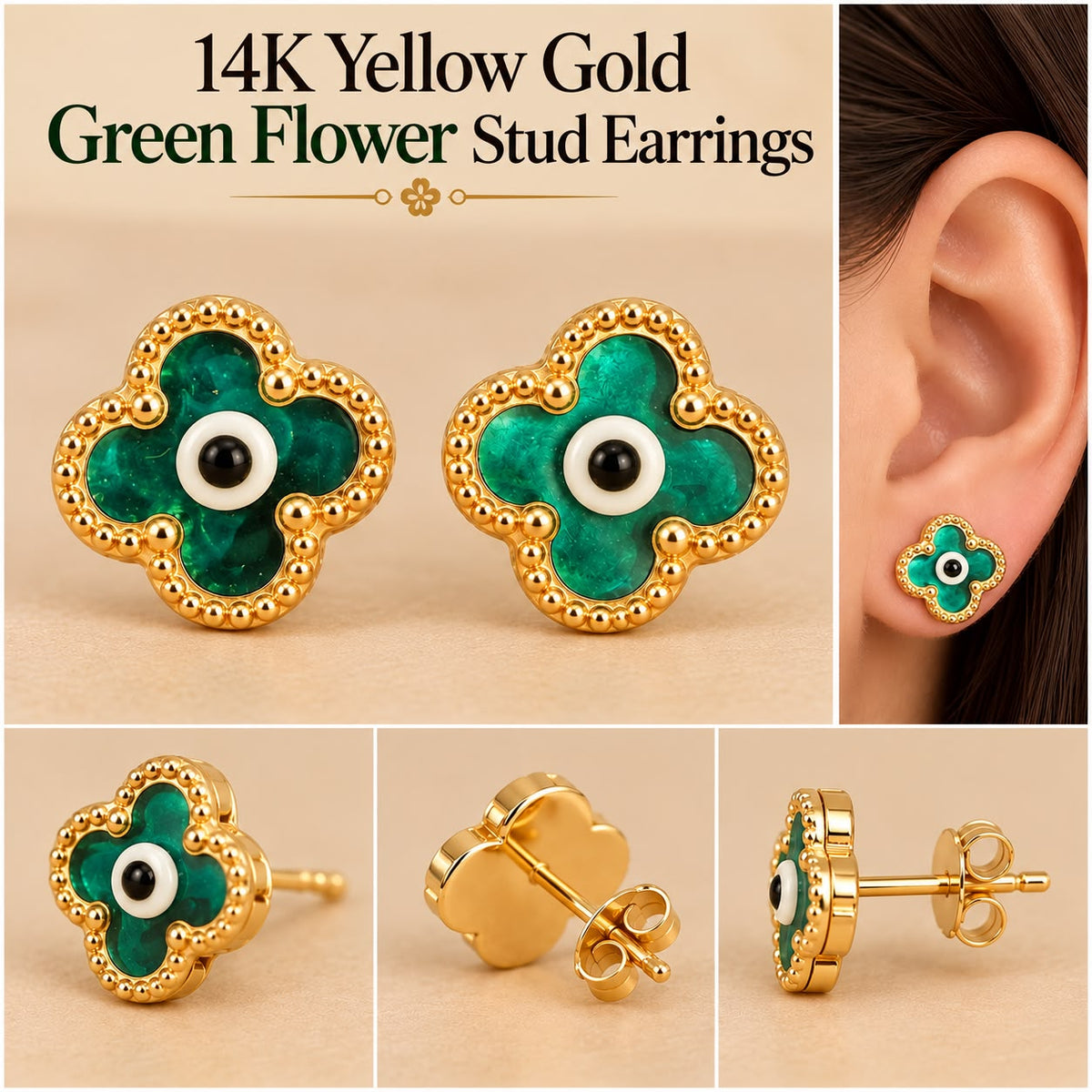14K yellow gold green four-petal flower design with an evil eye center