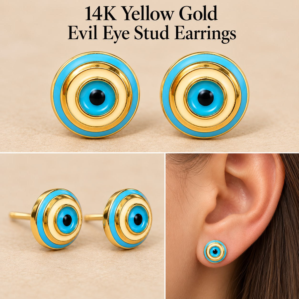 14K Yellow Gold Evil Eye Stud Earrings – 9.3mm – 2.30 Grams