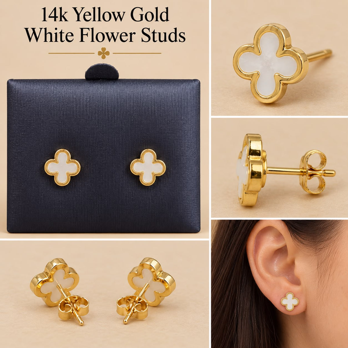 14K Yellow Gold White Flower Stud Earrings – 8.5mm – 1.20 Grams