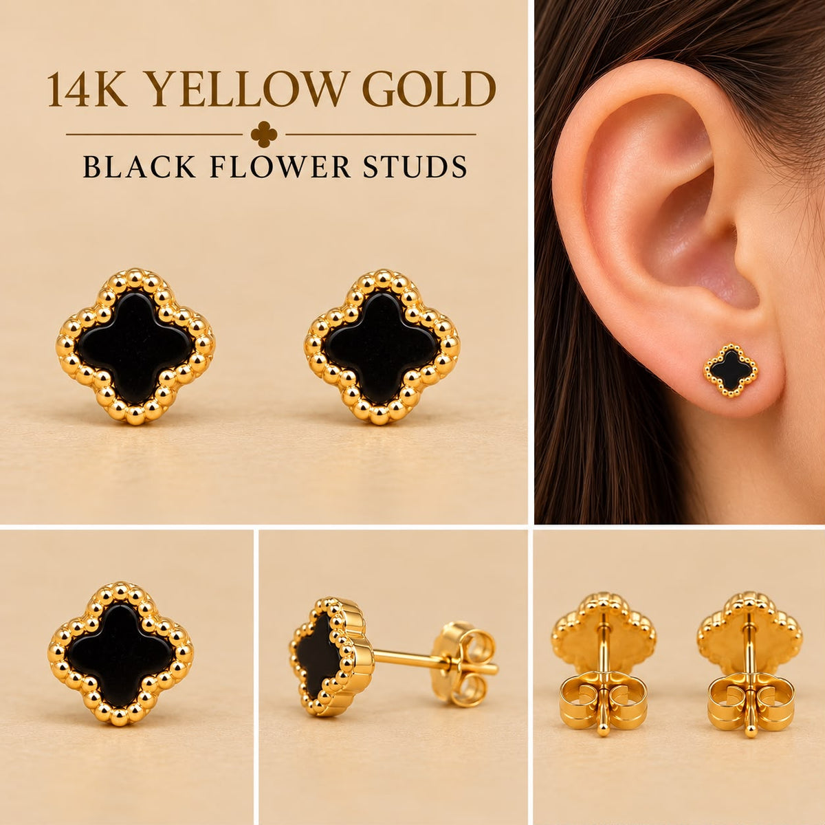 14K Yellow Gold Black Flower Stud Earrings – 5.5mm – 1.5 Grams