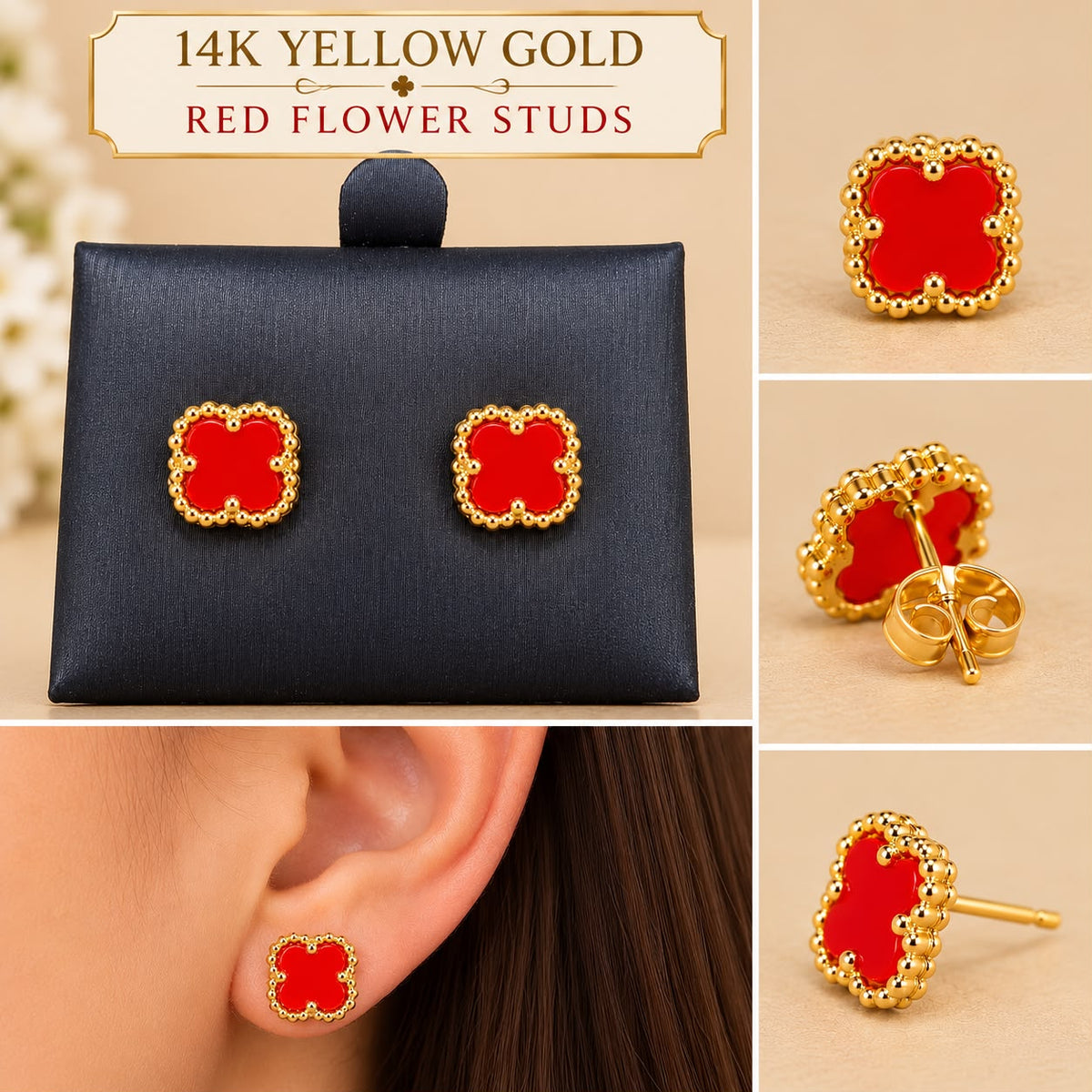 14K Yellow Gold Red Flower Stud Earrings – 9.6mm – 2.5 Grams