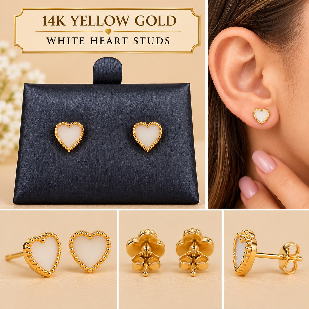 14K Yellow Gold White Heart Stud Earrings – 6.7mm – 1.2 Grams