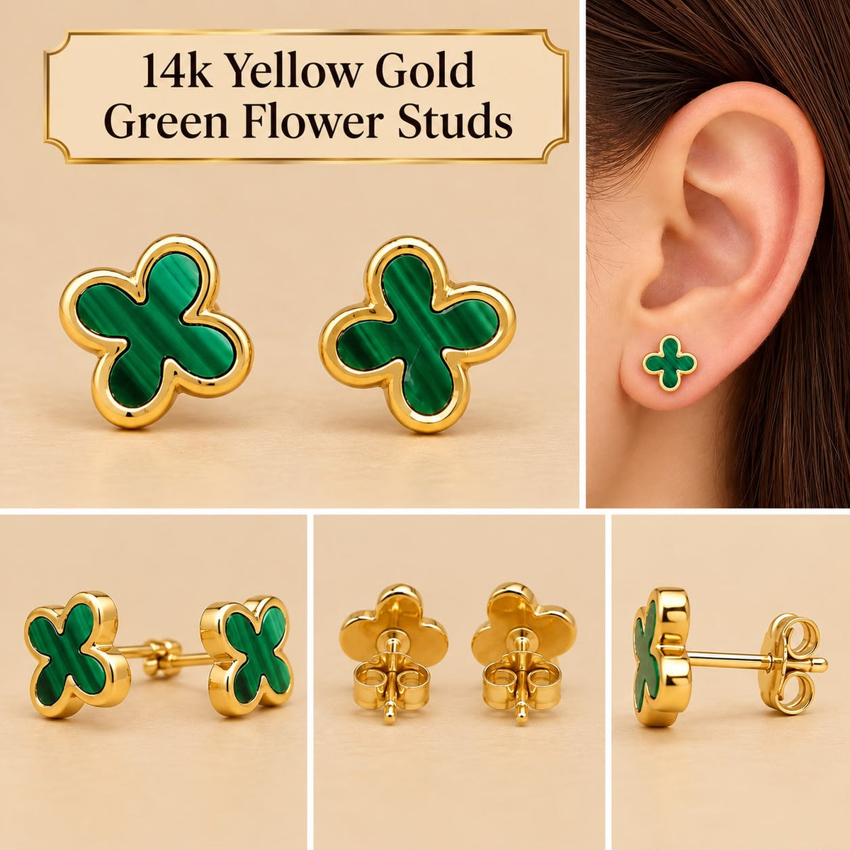 14K Yellow Gold Green Flower Stud Earrings – 8.8mm – 1.60 Grams