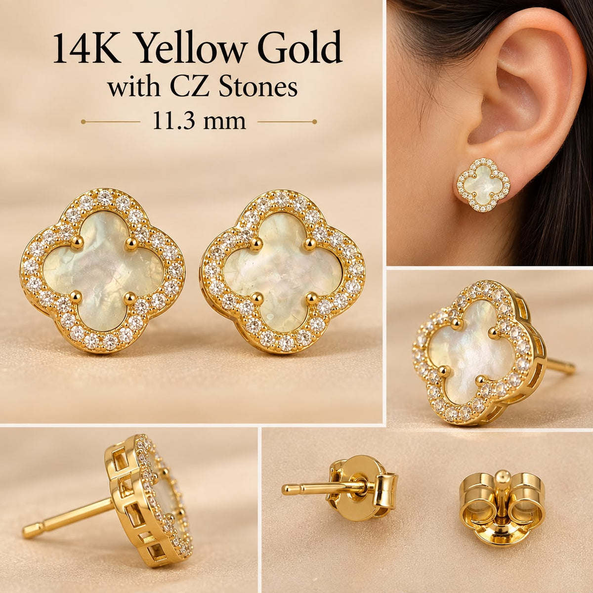 14K Yellow Gold White Flower CZ Stud Earrings – 11.3mm – 3 Grams