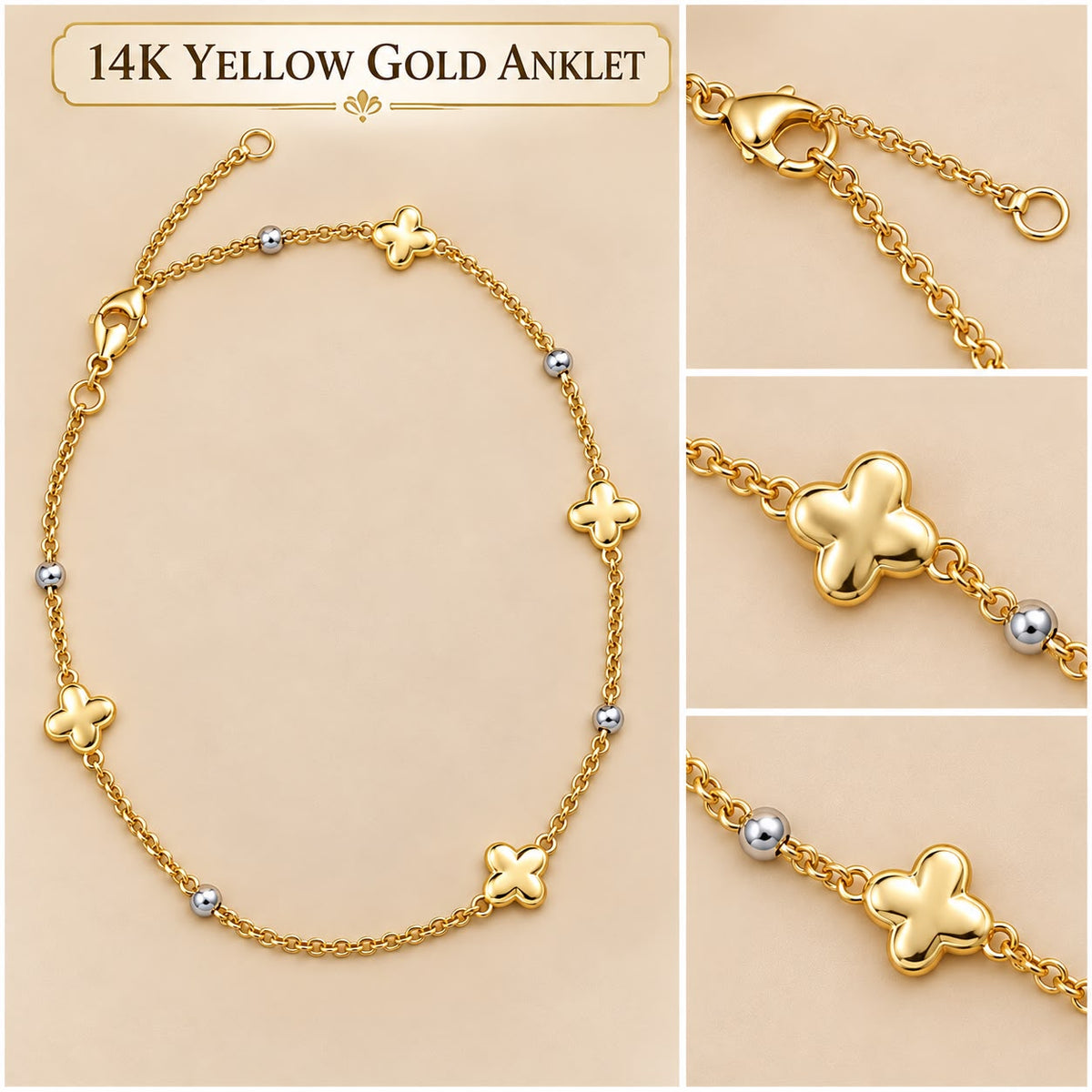 14K Yellow Gold Anklet 10” – Flower Design Two-Tone Beads – 3.38 Grams