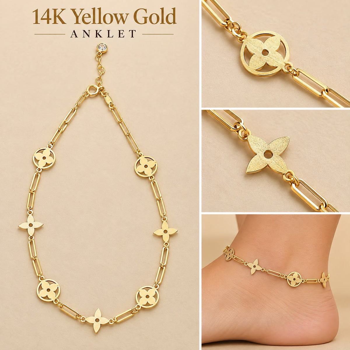 14K Yellow Gold 10” Anklet – Designer-Inspired Floral Link Design – 2.32 Grams