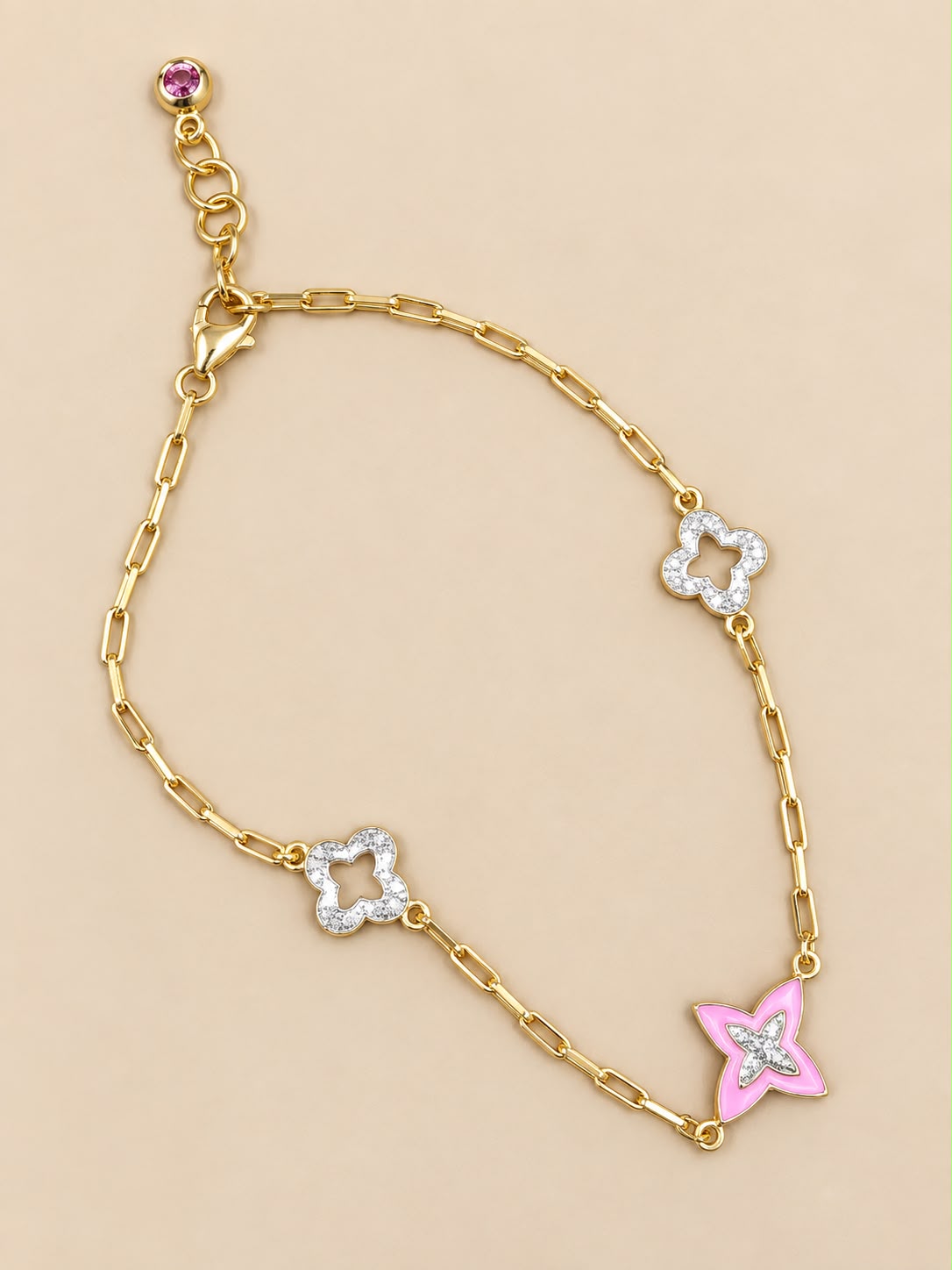 14K Yellow Gold 10” Anklet Pink Flower Design – 2.90 Grams