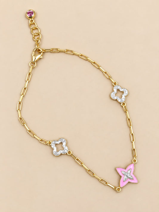 14K Yellow Gold 10” Anklet Pink Flower Design – 2.90 Grams