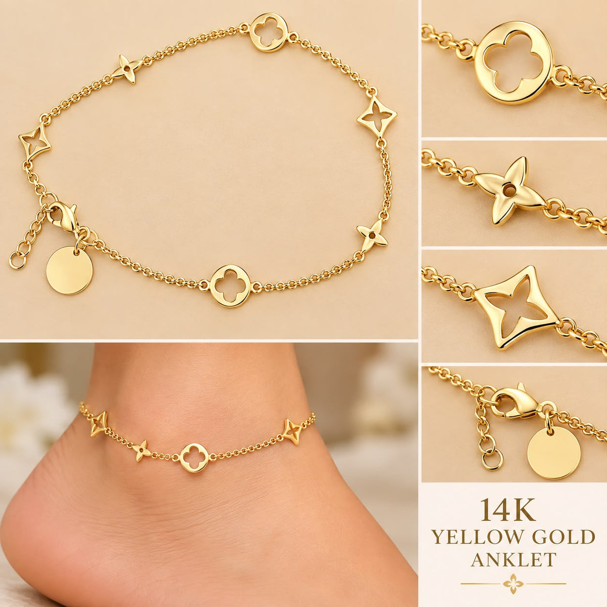 14K Yellow Gold 10” Anklet Floral Geometric Charm Design – 3.29 Grams