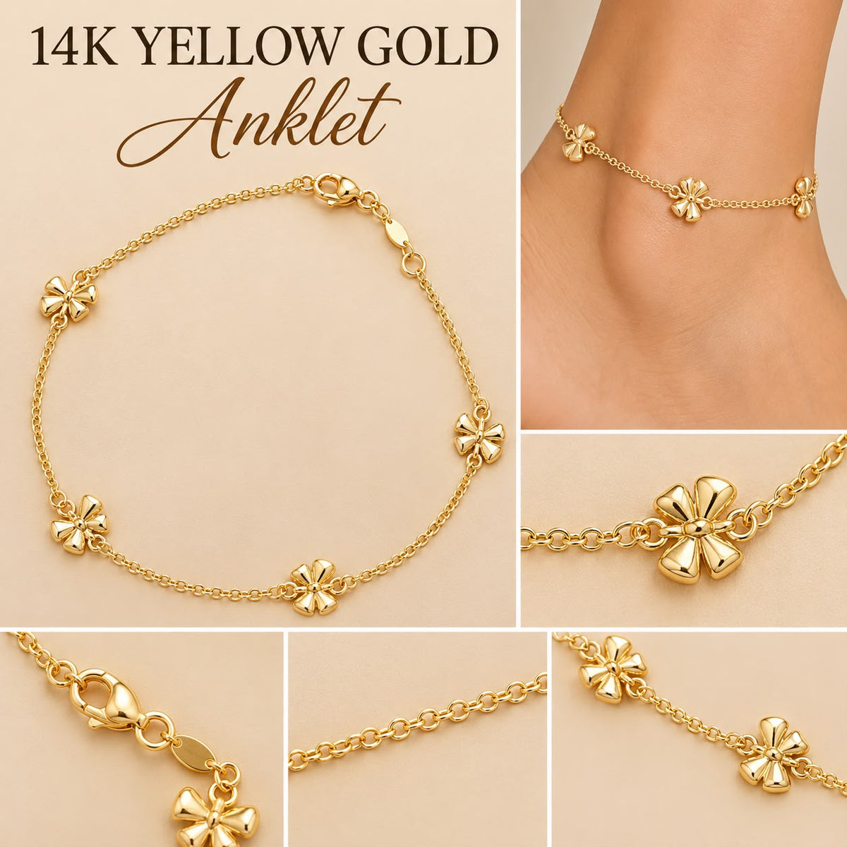 14K Yellow Gold 10” Anklet Flower Charm Design – 2.63 Grams