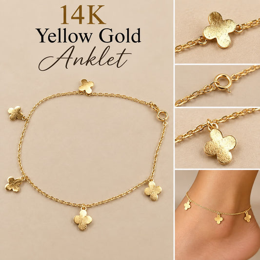 14K Yellow Gold 10” Anklet with Flower Dangle Charms – 3.18 Grams