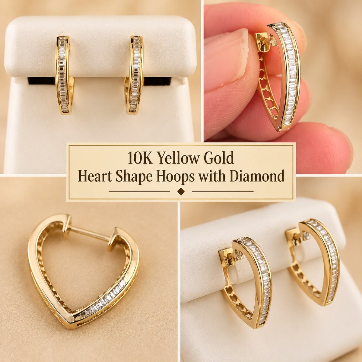 10K Yellow Gold Heart Shape Hoop Earrings with 0.74 CT Diamond