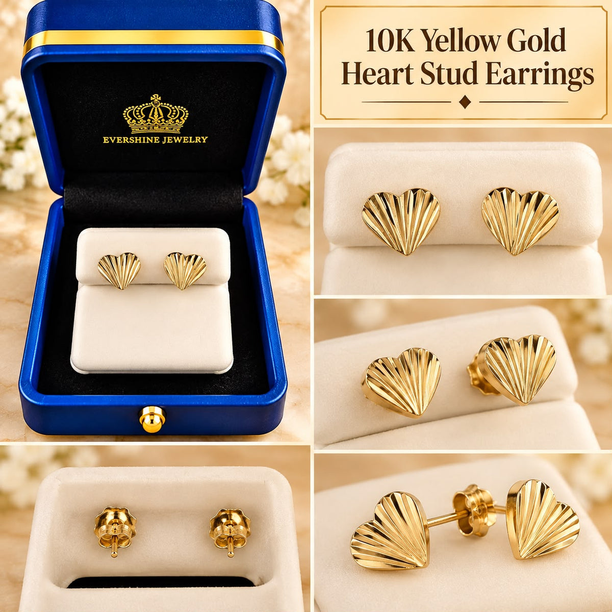 10K Yellow Gold Heart Stud Earrings – Diamond Cut Ribbed Design
