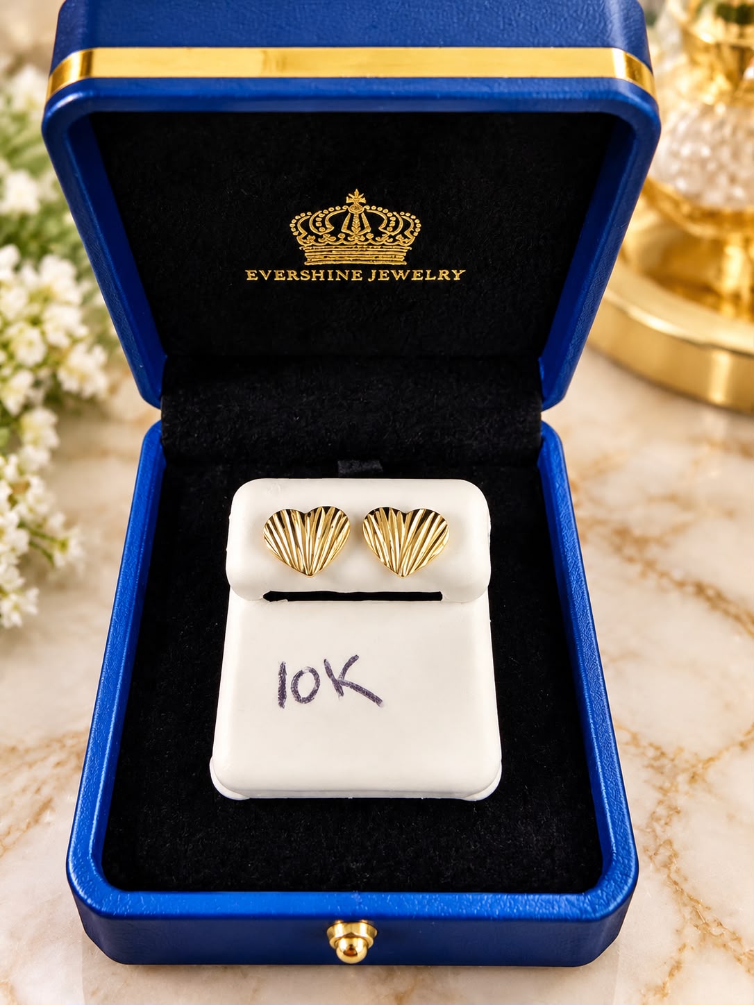 10K Yellow Gold Heart Stud Earrings – Diamond Cut Ribbed Design