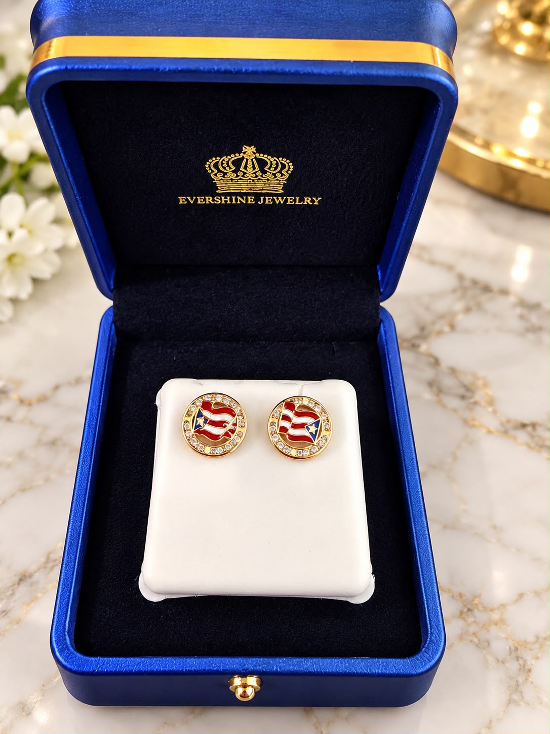 10K Yellow Gold Puerto Rico Flag CZ Stone Stud Earrings – Screw Back