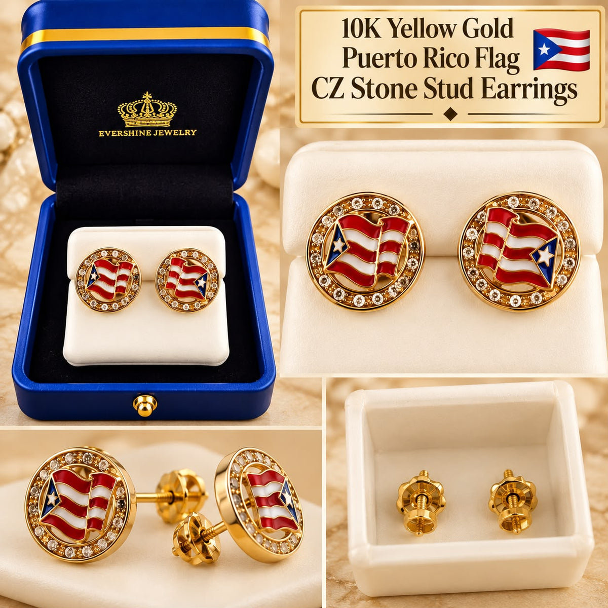 10K Yellow Gold Puerto Rico Flag CZ Stone Stud Earrings – Screw Back
