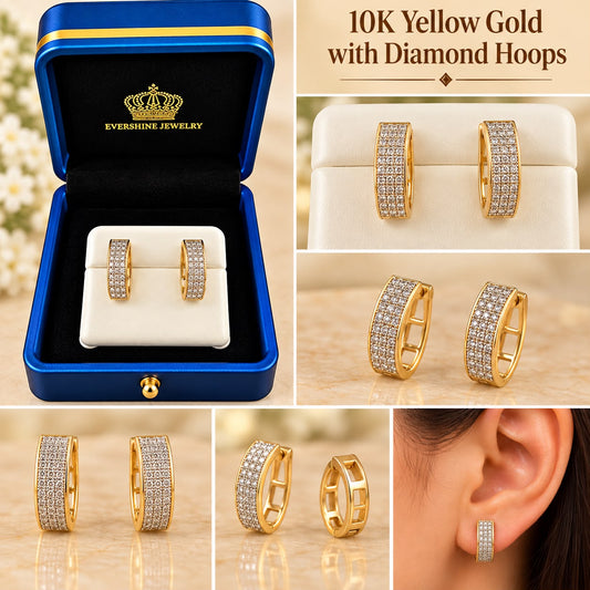 10K Yellow Gold Diamond Pave Hoop Earrings – Multi-Row Design