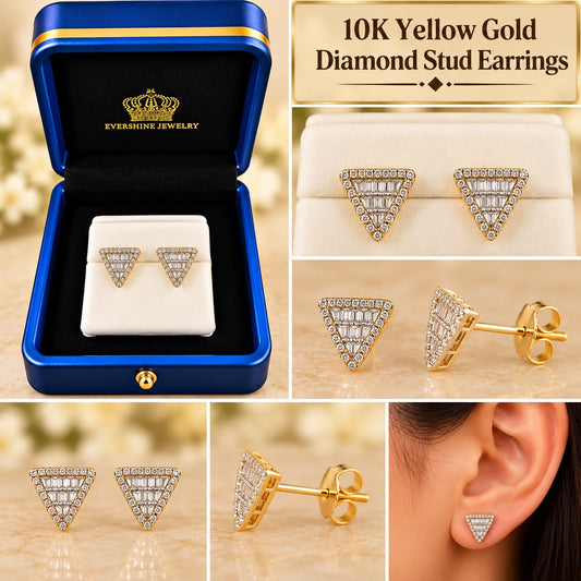 10K Yellow Gold Diamond Triangle Stud Earrings – Baguette & Round Diamonds