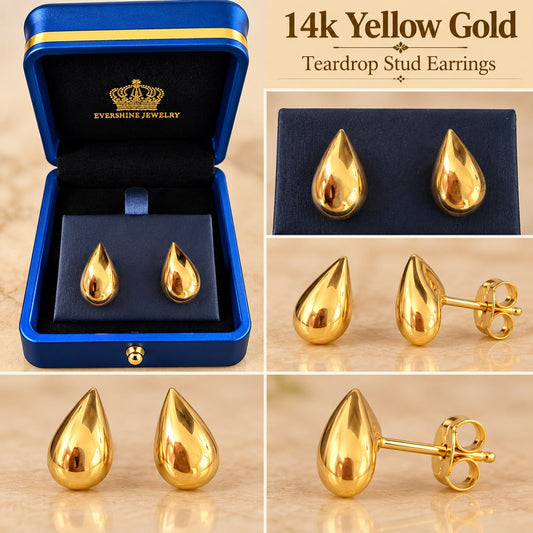 14K Yellow Gold Teardrop Stud Earrings – Polished Drop Design