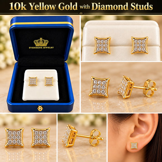 10K Yellow Gold Diamond Square Stud Earrings – Pavé Cluster Design