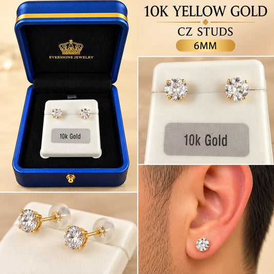 10K Yellow Gold 6mm Round CZ Stud Earrings – Unisex