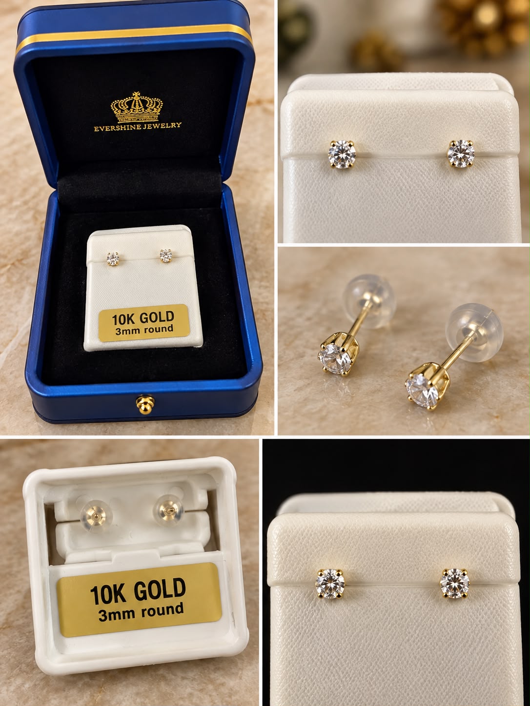 10K Yellow Gold 3mm Round CZ Stud Earrings – Unisex