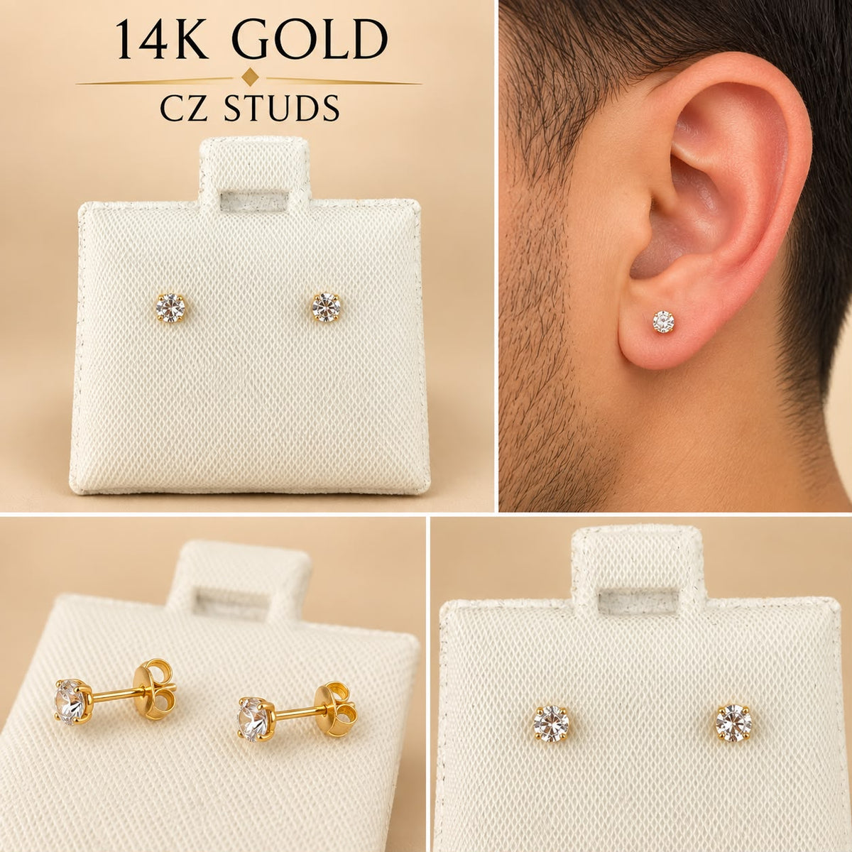 14K Yellow Gold Round CZ Stud Earrings – Classic Unisex Design