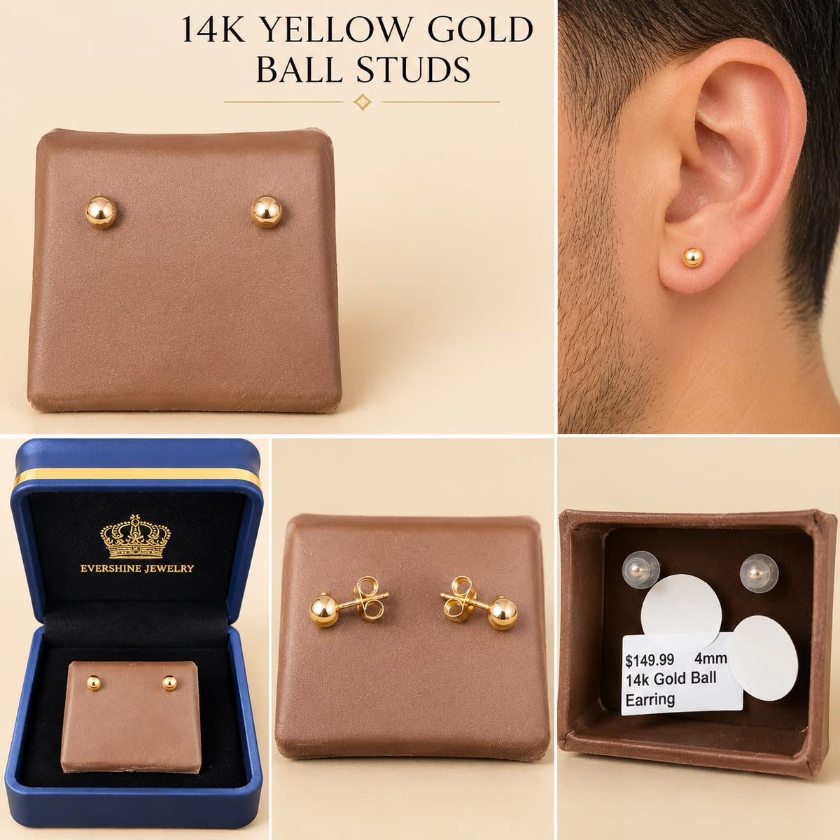 14K Yellow Gold 4mm Ball Stud Earrings – Classic Polished Round Studs