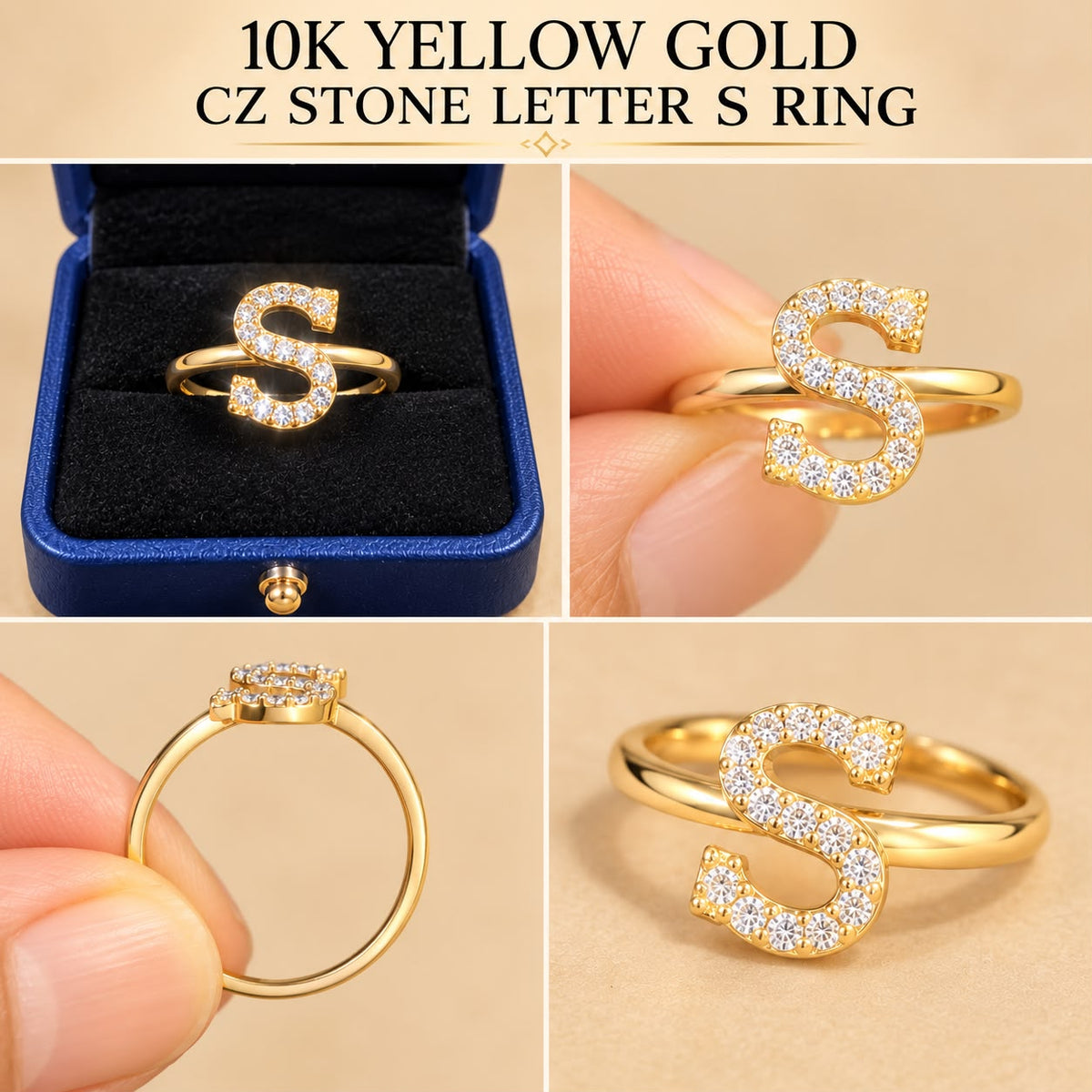 10K Yellow Gold CZ Stone Letter S Initial Ring Size 7 Approx. 1.2g