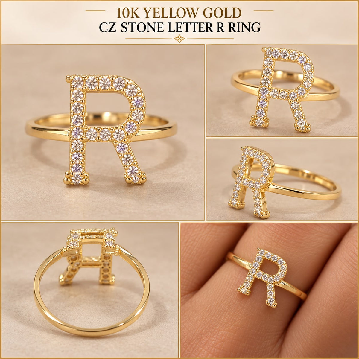 10K Yellow Gold CZ Stone Letter R Initial Ring Size 7 Approx. 1.2g