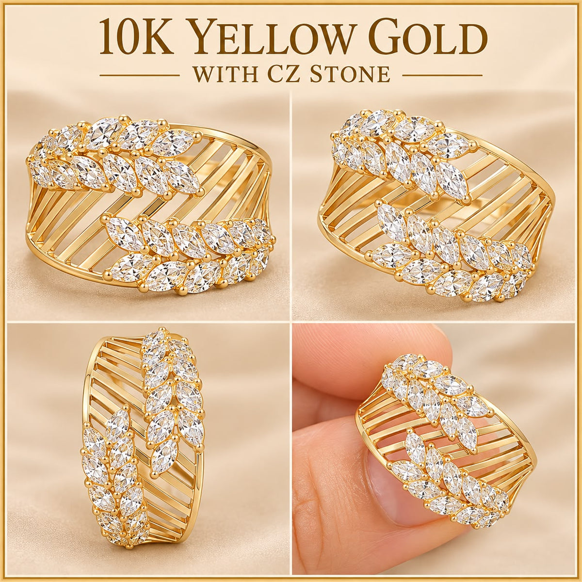 10K Yellow Gold CZ Stone Wide Statement Ring Size 7 Approx. 1.4g