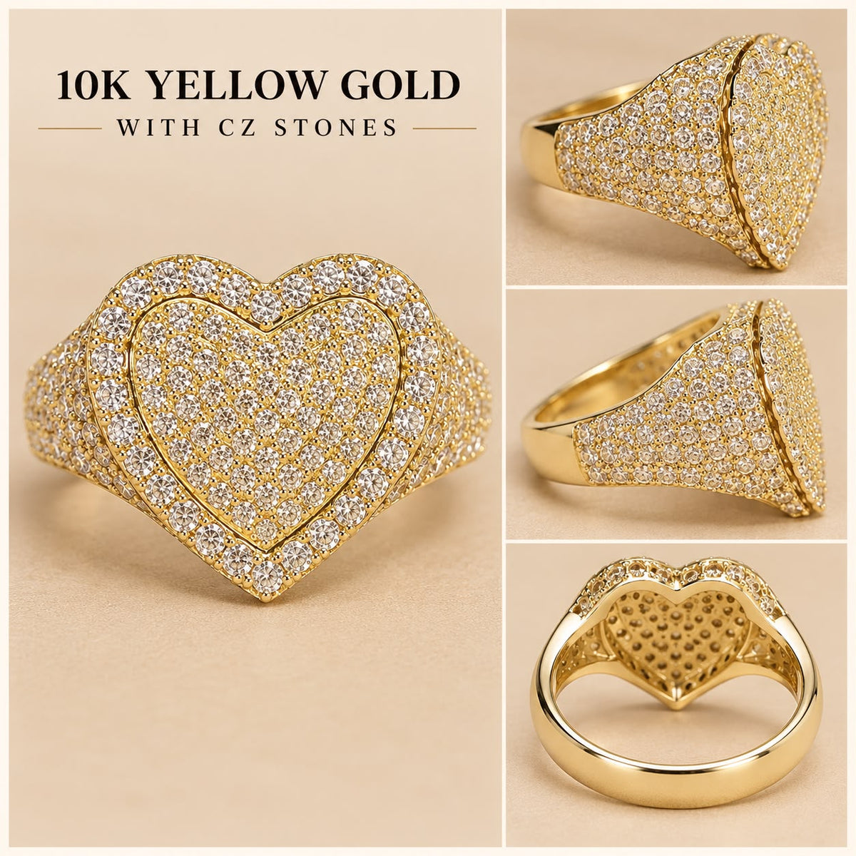 10K Yellow Gold CZ Stone Heart Statement Ring Size 7 Approx. 3.9g
