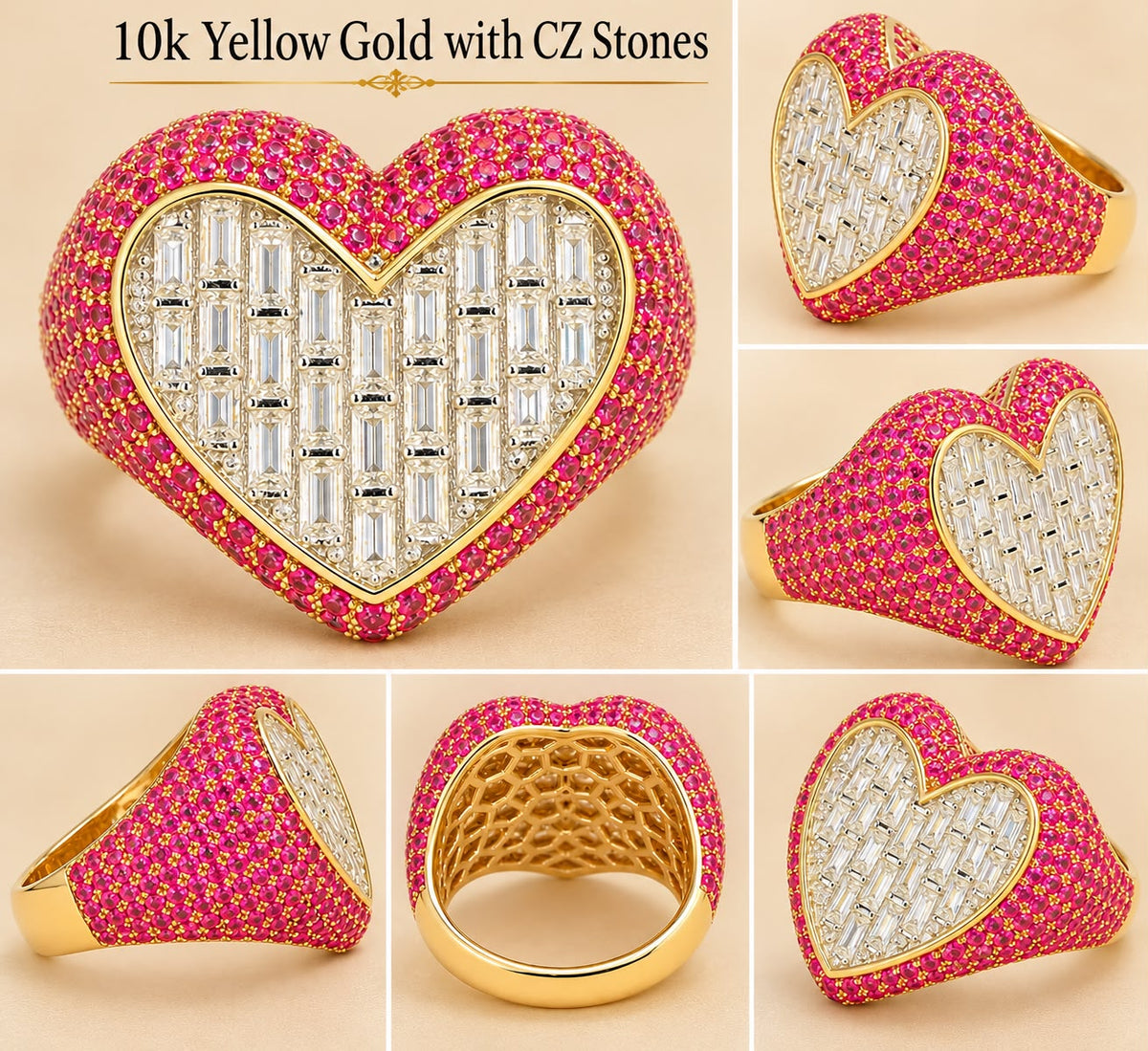 10K Yellow Gold Pink & White CZ Heart Statement Ring Size 7 – 7.17g