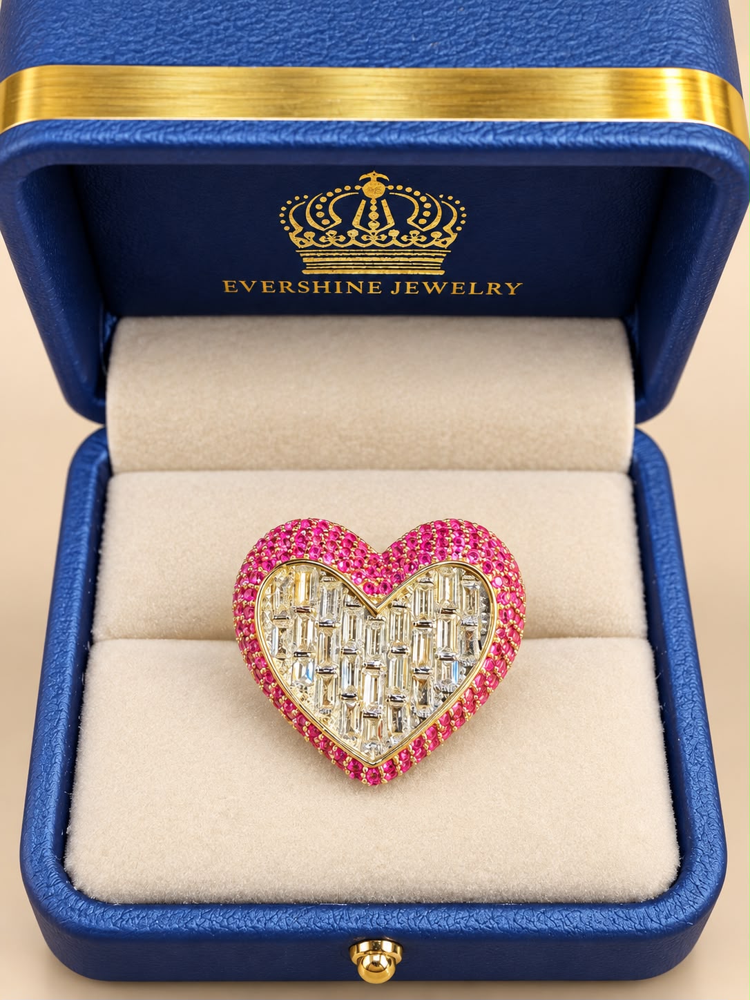 10K Yellow Gold Pink & White CZ Heart Statement Ring Size 7 – 7.17g