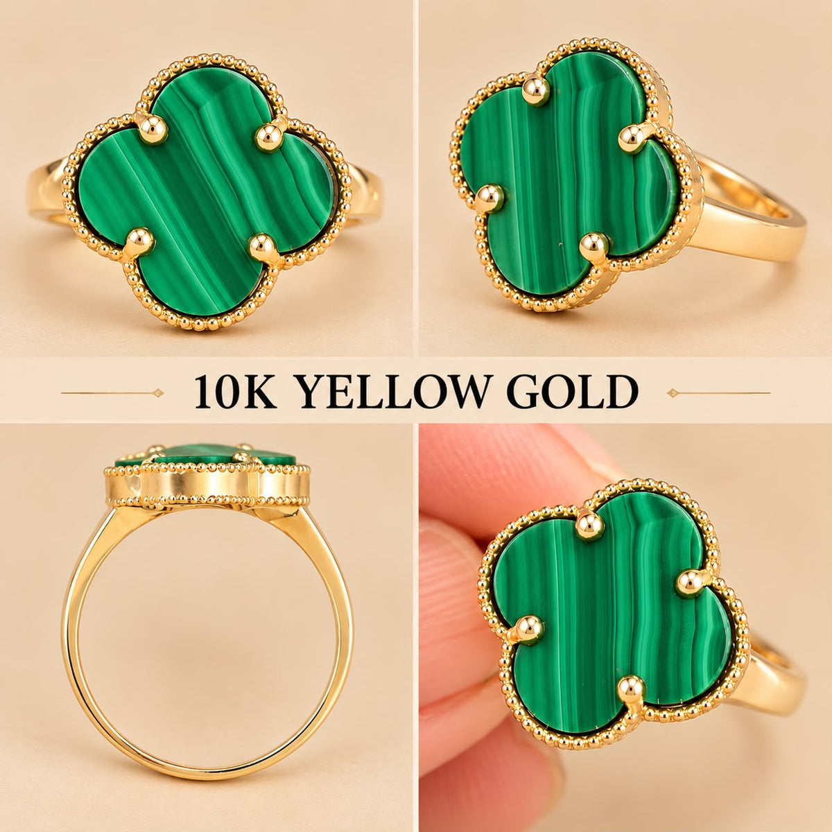 10K Yellow Gold Green Stone Four-Leaf Design Ring Size 7 Approx. 2.20g