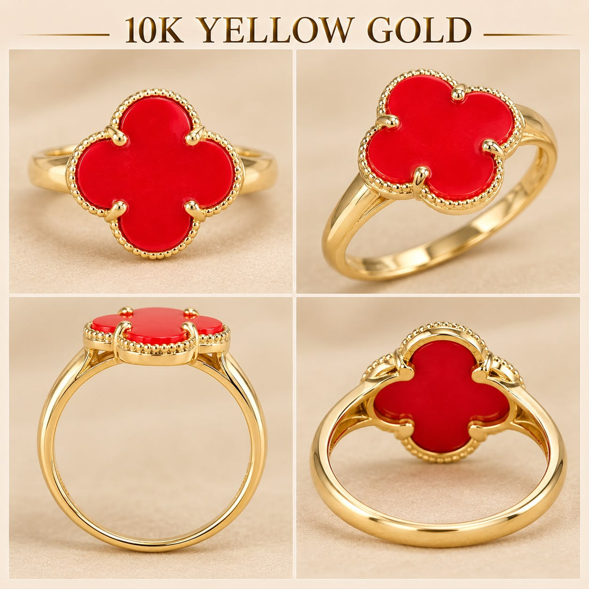 10K Yellow Gold Red Stone Four-Leaf Design Ring Size 9 Approx. 2g