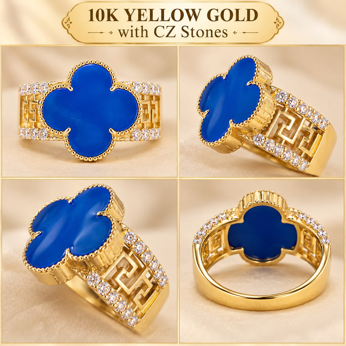 10K Yellow Gold Blue Stone CZ Four-Leaf Design Ring Size 7 – 3.47g
