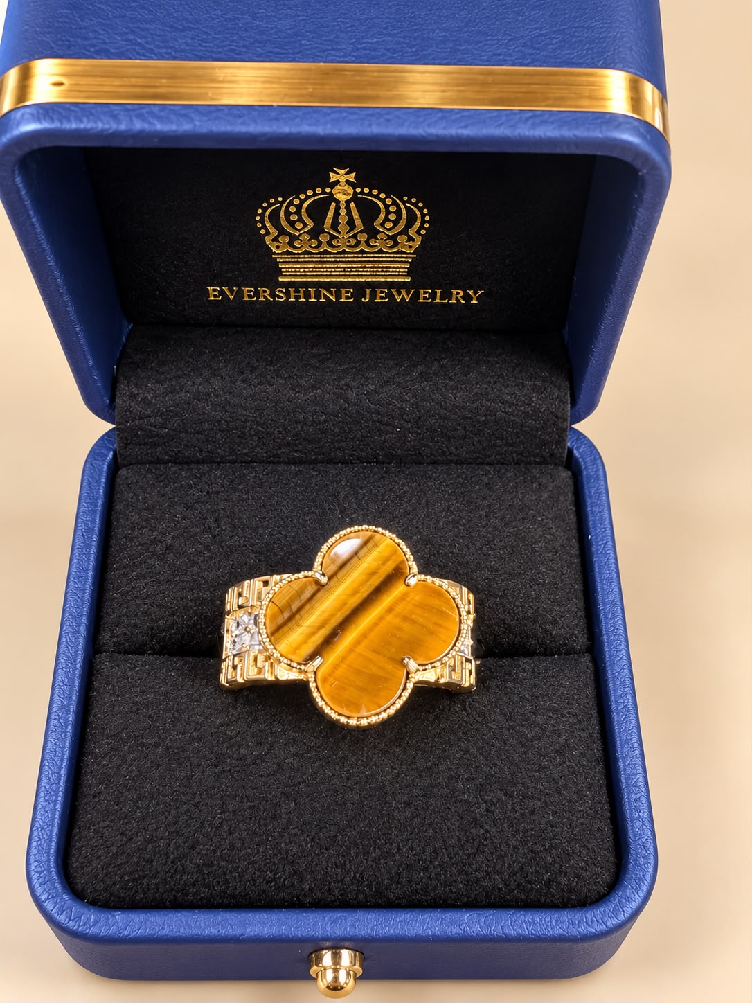 10K Yellow Gold Brown Stone CZ Four-Leaf Design Ring Size 7 – 3.42g