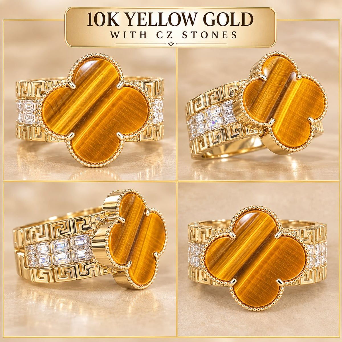 10K Yellow Gold Brown Stone CZ Four-Leaf Design Ring Size 7 – 3.42g
