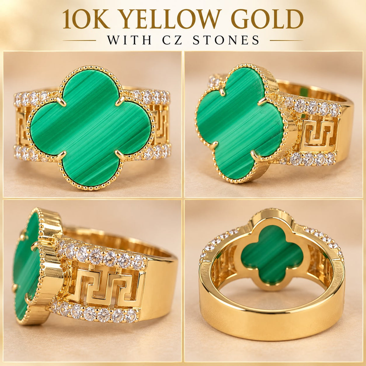 10K Yellow Gold Green Stone CZ Four-Leaf Design Ring Size 7 – 3.65g