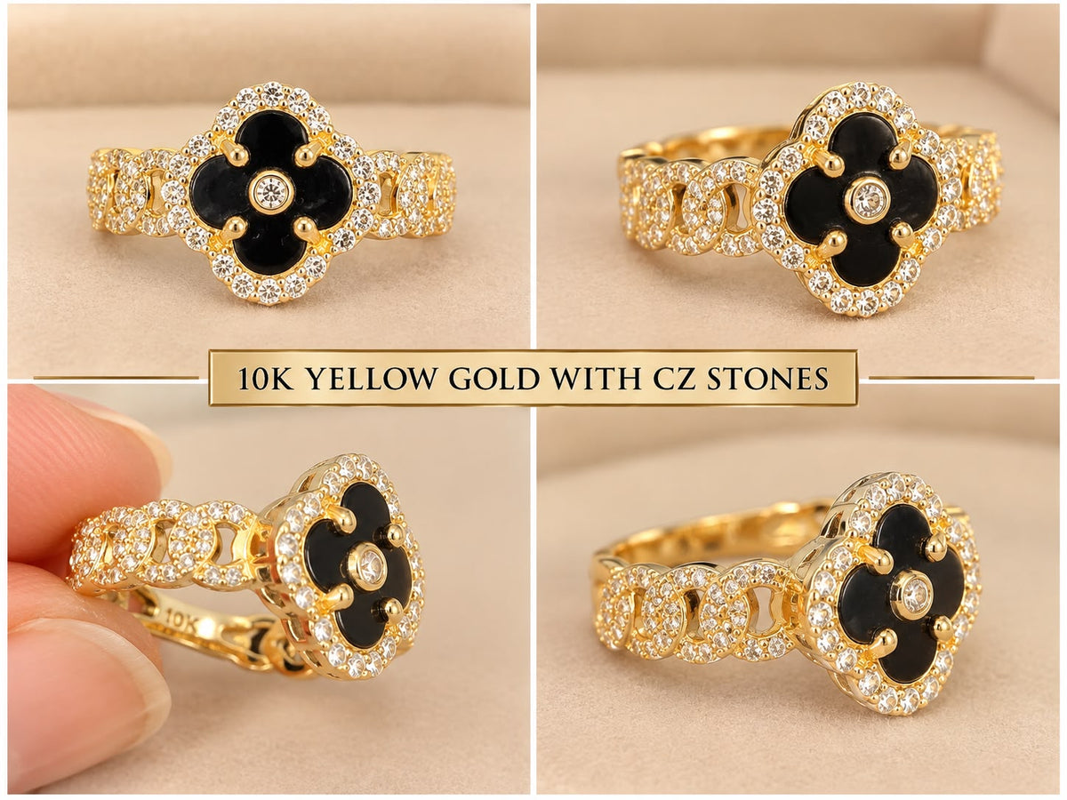 10K Yellow Gold Black & White CZ Four-Leaf Design Ring Size 7 – 2.21g