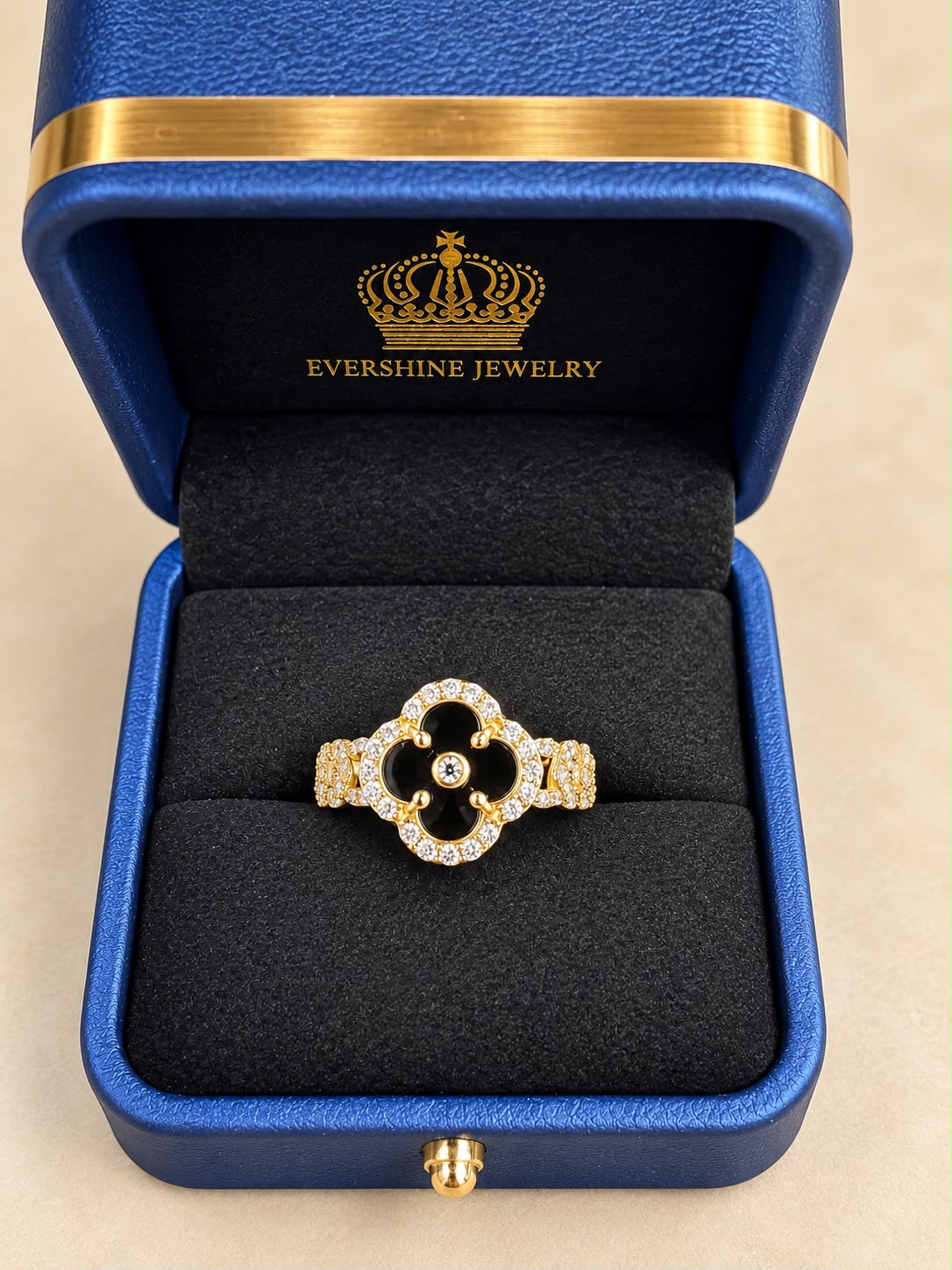 10K Yellow Gold Black & White CZ Four-Leaf Design Ring Size 7 – 2.21g